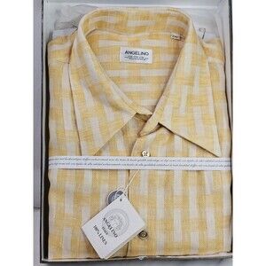 Angelino Button Down Shirt 2XL Yellow White Plaid Short Sleeve 100% Linen Italy